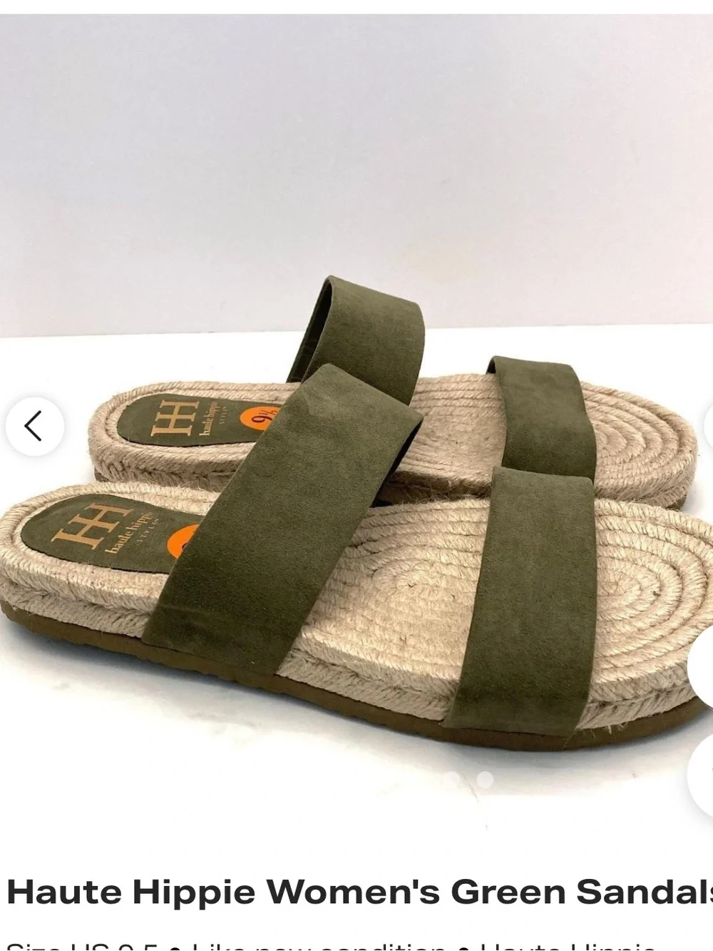 NWOT Haute Hippie Olive Green Double-Strap Espadrille Slide Sandals, Size 6.5